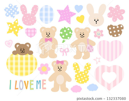Cute vector illustrations of teddy bear, bunny, pink hearts, stars, text bubbles for animal, zoo, pet, cartoon character, decorations, stickers, cute patch, brooch, pin, name tag, name tag, easter 132337080