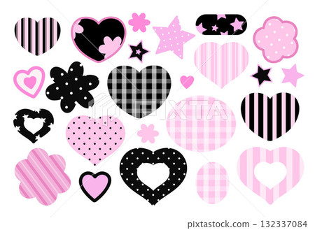Cute vector illustrations of heart and star designs with polka dot, stripe, flowers and plaid pattern for decorations, love sign, heart symbol, wedding card, patch, brooch, pin, sticker, fabric print 132337084