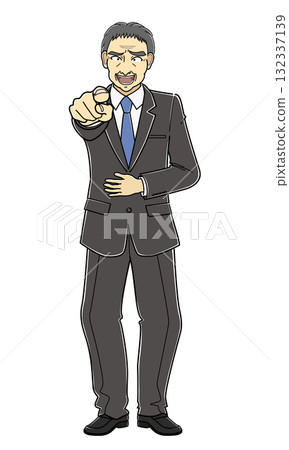 A middle-aged man in a suit pointing and laughing A middle-aged man in a suit pointing and laughing 132337139