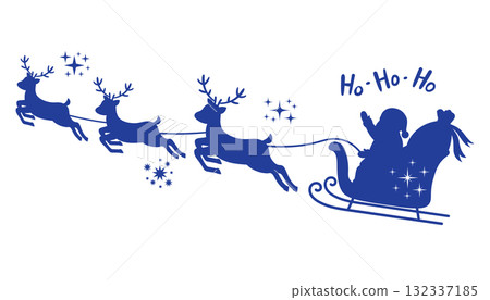 Blue silhouette of Santa Claus riding sleigh pulled by reindeers, saying ho-ho-ho with stars around. 132337185