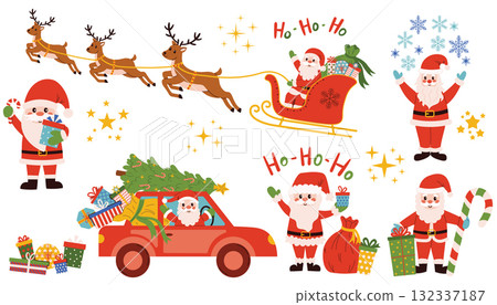 A set of happy Santa Clause with candy cane, with a sack of gifts, on a red car with a Christmas tree on the roof. 132337187
