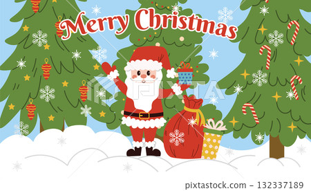 A horizontal Christmas card with happy Santa Claus with a sack of gift boxes, standing against a Christmas trees and falling snowflakes. A horizontal Christmas card with happy Santa Claus with a sack of gift boxes, standing against a Christmas trees and falling snowflakes. 132337189