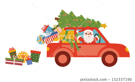 Cheerful Santa Claus waving from red car with Christmas tree and gift boxes falling from sack in cozy flat cartoon style. Cheerful Santa Claus waving from red car with Christmas tree and gift boxes falling from sack in cozy flat cartoon style. 132337190