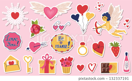 A set of Valentine's Day stickers with hearts and Cupid, gift boxes and a rose, balloons and a ring, chocolate and champagne. Stickers with love you and be mine slogans. Set of symbols of love. A set of Valentine's Day stickers with hearts and Cupid, gift boxes and a rose, balloons and a ring, chocolate and champagne. Stickers with love you and be mine slogans. Set of symbols of love. 132337191