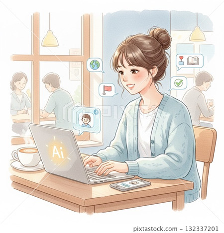 Illustration of a woman using AI in a cafe to improve herself and her skills Illustration of a woman using AI in a cafe to improve herself and her skills 132337201