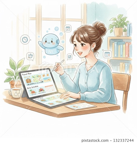 Illustration of a relaxed woman planning a travel schedule with an AI assistant and a tablet 132337244