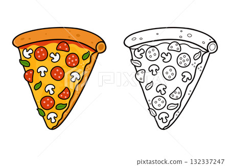 Pizza slice coloring page and colored illustration Pizza slice coloring page and colored illustration 132337247