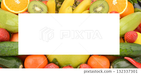 Variety of Fresh Fruits and Vegetables Forming a Frame with Copy Space 132337301