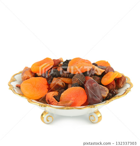 Assortment of Dried Fruits in a Decorative Porcelain Bowl Assortment of Dried Fruits in a Decorative Porcelain Bowl 132337303