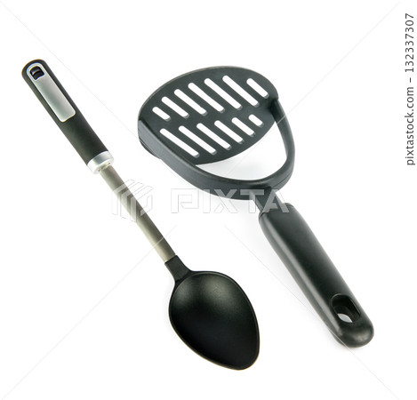 Potato Masher and Cooking Spoon Isolated on White Background 132337307