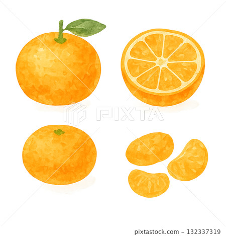 水彩橘子插圖（4 幅：整個、半個、去皮和一束） 132337319