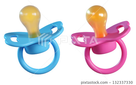 3D Blue baby and Pink Pacifier icons. Silicone nipple. Newborn boy and girl accessory in soft pastel colors isolated on a transparent background. 3D render 3D Blue baby and Pink Pacifier icons. Silicone nipple. Newborn boy and girl accessory in soft pastel colors isolated on a transparent background. 3D render 132337330