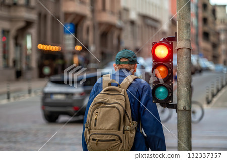 traffic light on the street junction with beautiful bokeh, city with cars in the background 132337357