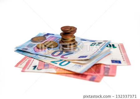 micro loan offer, European Union money, metal coins and paper banknotes closeup on white background micro loan offer, European Union money, metal coins and paper banknotes closeup on white background 132337371
