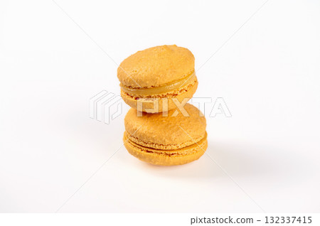 macarons, confectionery sweet product, yellow  macarons isolated on white background 132337415
