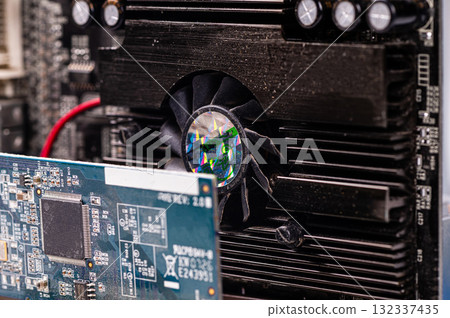 pile with various computer electrical boards and components, Repairing and upgrade concept, closeup 132337435