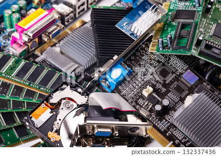 pile with various computer electrical boards and components, Repairing and upgrade concept, closeup 132337436