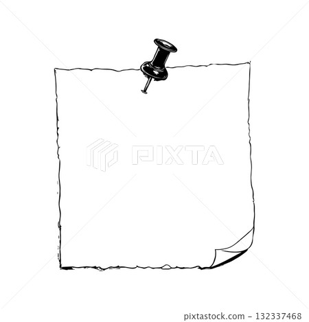 Blank hand-drawn paper sheet with curled corner and push pin, sketch style on white background. Concept of reminder, note or announcement Blank hand-drawn paper sheet with curled corner and push pin, sketch style on white background. Concept of reminder, note or announcement 132337468