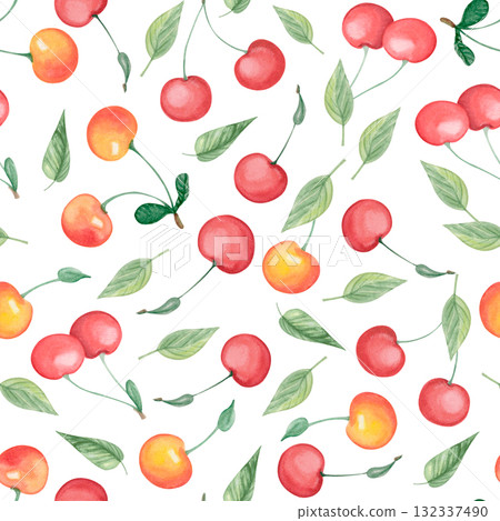 Watercolor cherry seamless pattern 132337490