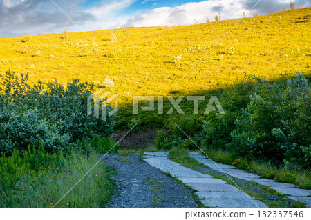 concrete road through carpathian mountains in morning light. cracked pavement of old military path near the steep green hill. summer landscape of ukrainian countryside. nature background for hiking concrete road through carpathian mountains in morning light. cracked pavement of old military path near the steep green hill. summer landscape of ukrainian countryside. nature background for hiking 132337546