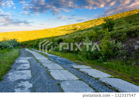 concrete road through carpathian mountains in morning light. cracked pavement of old military path near the steep green hill. summer landscape of ukrainian countryside. nature background for hiking concrete road through carpathian mountains in morning light. cracked pavement of old military path near the steep green hill. summer landscape of ukrainian countryside. nature background for hiking 132337547