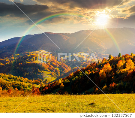 sunny autumn in mountain landscape at sunset. beautiful view of trees in fall foliage on the hillside. alps of countryside in evening light under blue sky. scenery with forest on slope under rainbow 132337567