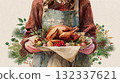 Close-up watercolor illustration of hands holding a garnished roasted turkey on platter, surrounded by fruits and winter foliage. Ideal for rustic holiday recipes, cards or artisanal food themes 132337621