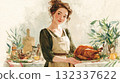 Charming watercolor illustration of young woman in an apron presenting a garnished roasted turkey in rustic kitchen setting. Ideal for artistic food blogs, holiday cards or recipe books 132337622