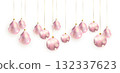 Christmas balls, hanging baubles decorations. Xmas frame. Merry Christmas, set festive pink balls. Greeting card mockup, banner template. Vector illustration isolated 132337623