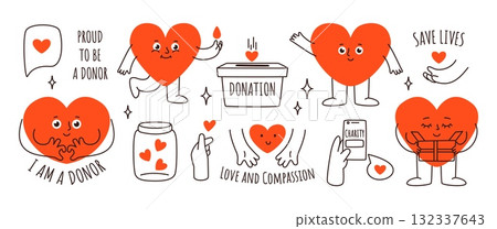 Doodle charity heart character. Donation box, hearts in jar, donate with love, charity app on smartphone, hands holding heart and donor elements. Fundraising vector set 132337643