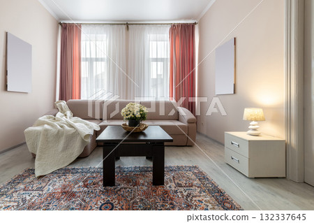 Cozy Bright Living Room with Sofa and Warm Lighting 132337645