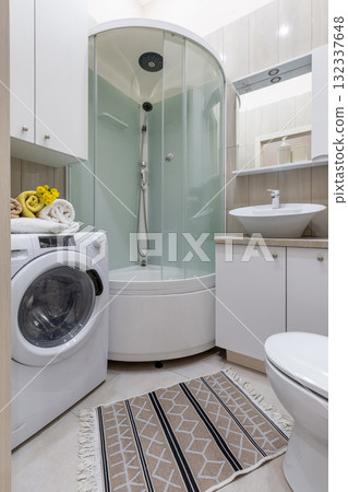 Modern Small Bathroom with Shower and Washing Machine 132337648
