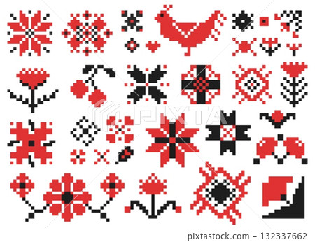 Ukrainian embroidery elements. Ethnic folk geometric patterns in floral and bird motif, vintage Ukrainian traditional ornament, decorative stitch flowers. Vector isolated set 132337662