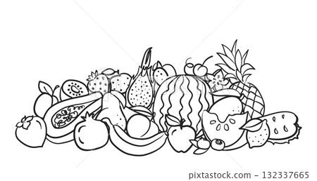 Doodle fruits pile. Hand drawn pineapple, watermelon and banana, apple and lemon, pear and peach, pomegranate and dragon, persimmon and cherry. Sketch tropic fruit vector set 132337665