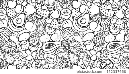 Doodle fruits pattern. Hand drawn pineapple, strawberry and banana, apple and lemon, kiwi and pear, peach and dragon, grape and cherry, orange. Sketch tropic fruit vector texture 132337668