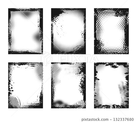 Grunge halftone borders. Mixed media frame overlays with black brush stroke and dotted abstract pattern for photo, poster and banner retro decoration. Vector templates set Grunge halftone borders. Mixed media frame overlays with black brush stroke and dotted abstract pattern for photo, poster and banner retro decoration. Vector templates set 132337680