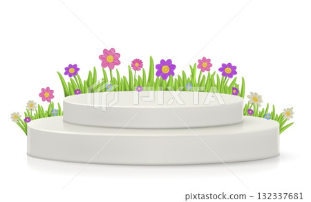Floral 3D podium. Spring garden flowers, green leaves and product stage. Cute cartoon mockup in realistic soft render clay style. Plastic daisy and platform. Vector background Floral 3D podium. Spring garden flowers, green leaves and product stage. Cute cartoon mockup in realistic soft render clay style. Plastic daisy and platform. Vector background 132337681