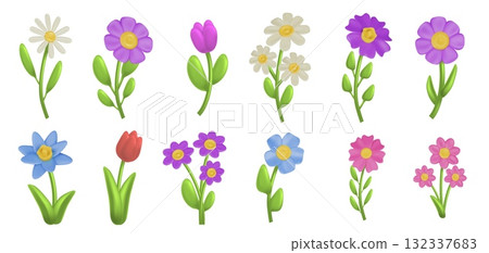 Blooming 3D flowers. Cartoon clay bouquet, spring garden flower blossom with green leaves. Colorful plasticine tulip and daisy, cute plastic summer plants. Vector isolated set Blooming 3D flowers. Cartoon clay bouquet, spring garden flower blossom with green leaves. Colorful plasticine tulip and daisy, cute plastic summer plants. Vector isolated set 132337683
