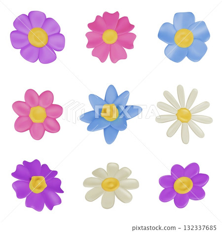 Flowers 3D buds. Spring flower, cartoon narcissus, plasticine daisy, plastic floral garden chamomile, clay wildflower. Isolated vector set in soft render style Flowers 3D buds. Spring flower, cartoon narcissus, plasticine daisy, plastic floral garden chamomile, clay wildflower. Isolated vector set in soft render style 132337685