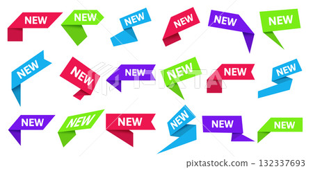 New sign. Sale sticker, tag with new price, color paper ribbons. Red, blue and green product and discount promotion 3D labels. Business advertisement banner. Vector isolated set 132337693