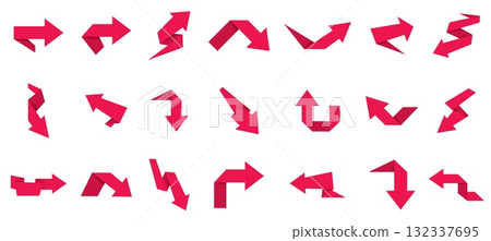 Red arrows. 3D direction pointers. Up, down and left, right origami paper ribbon arrow symbols. Vector isolated set 132337695