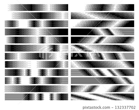 Pixel gradient patterns. Digital bitmap halftone strips with pixels dotted dithering fading effect texture, abstract retro 8 bit gradient dividers and pixelated graphic elements vector set Pixel gradient patterns. Digital bitmap halftone strips with pixels dotted dithering fading effect texture, abstract retro 8 bit gradient dividers and pixelated graphic elements vector set 132337702