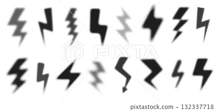 Halftone lightning bolt. Blurred thunderbolt shapes with grunge dotted texture, electric energy symbols and flash signs with halftone dots. Electricity power isolated vector set 132337718
