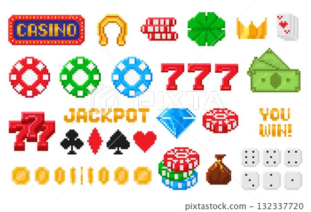 Pixel art gambling icons. Pixelated casino poker chips, 8 bit dice, lucky clover and horseshoe, golden coins and crown slot machine elements, you win and jackpot signs vector set Pixel art gambling icons. Pixelated casino poker chips, 8 bit dice, lucky clover and horseshoe, golden coins and crown slot machine elements, you win and jackpot signs vector set 132337720