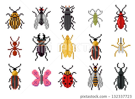 Pixel art insects. Pixelated 8 bit insect and beetle icons including ant, bee, butterfly, fly, ladybug, beetle and wasp in old school retro arcade video game style vector icons set Pixel art insects. Pixelated 8 bit insect and beetle icons including ant, bee, butterfly, fly, ladybug, beetle and wasp in old school retro arcade video game style vector icons set 132337723