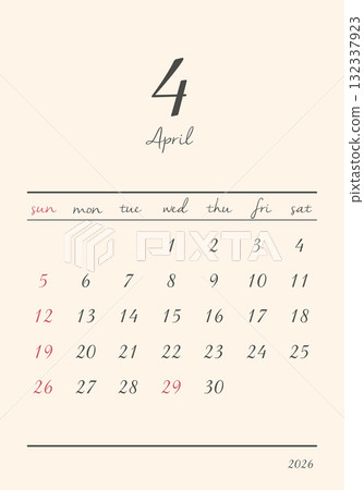2026 年 4 月時尚日曆垂直 132337923