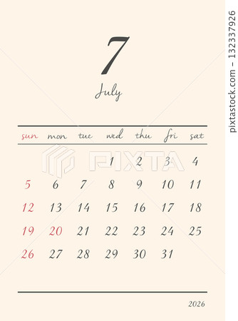 2026 年 7 月時尚日曆垂直 132337926