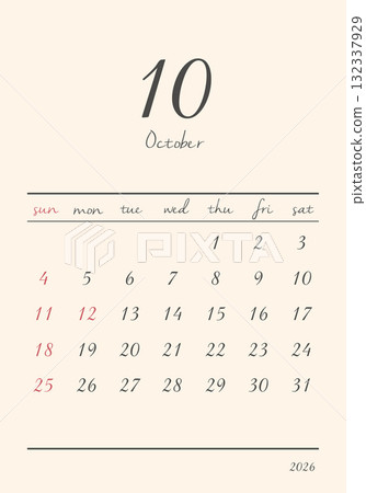 2026 年 10 月時尚日曆垂直 2026 年 10 月時尚日曆垂直 132337929