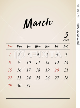 2026 年 3 月復古日曆垂直 2026 年 3 月復古日曆垂直 132338102