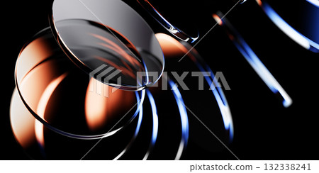 Neon glass circle discs with red blue gradient on black 3d background. Abstract wave line pattern of transparent lens, round plates with glow dynamic trail, motion blur light effect. 3D illustration 132338241